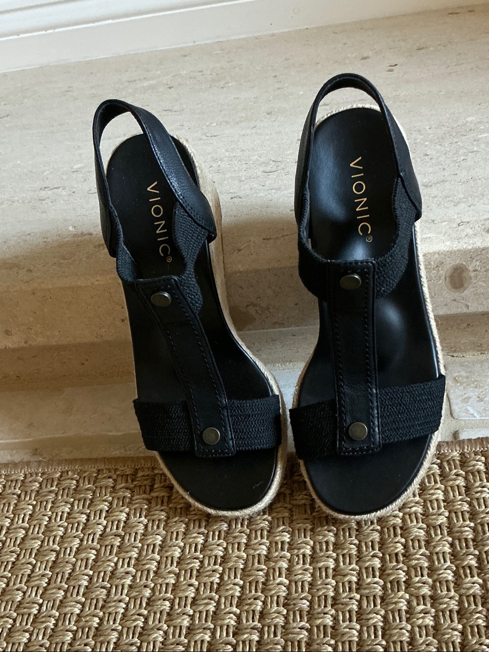 NWOT-Vionic Black Slingback Wedge Sandals with Espadrille Trim-removed price tag